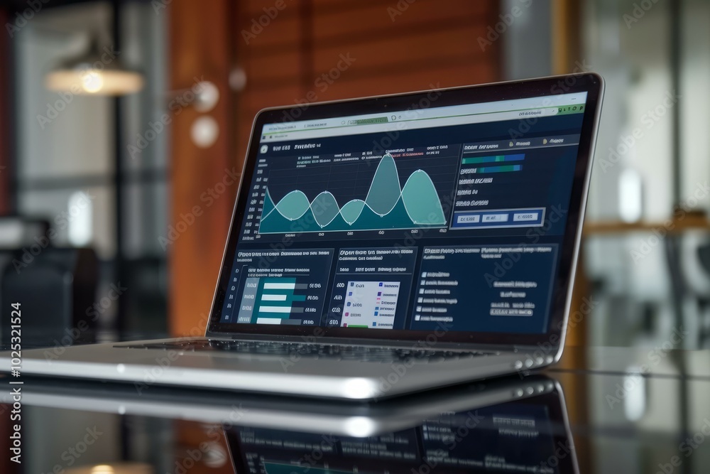 Laptop displaying graphs and charts sits on a desk, reflecting the surrounding office environment Laptop displaying graphs and charts sits on a desk, reflecting the surrounding office environment