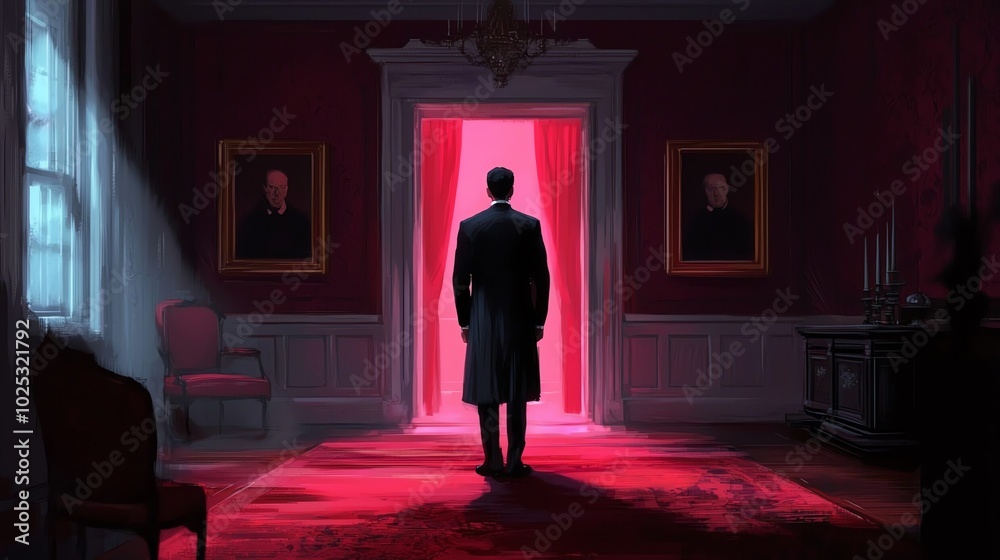 A figure stands in a dimly lit room, framed by red light and classical portraits. A figure stands in a dimly lit room, framed by red light and classical portraits.