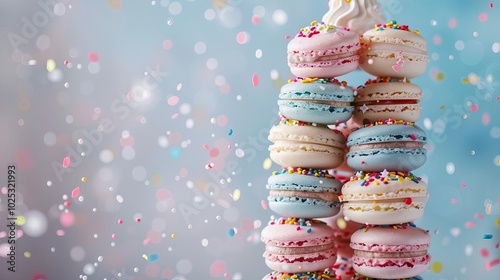 Tack-sharp photo of a perfectly decorated macaron tower, sprinkles mid-fall, pastel background, photo