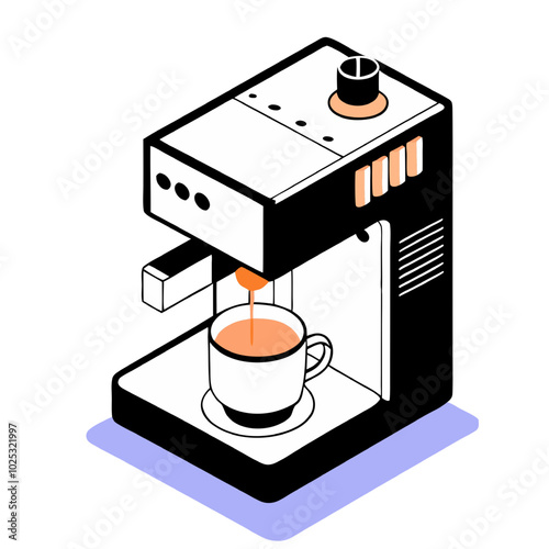 Espresso Perfection:  A simple yet elegant isometric illustration of a coffee machine brewing a cup of espresso, capturing the essence of a morning pick-me-up.