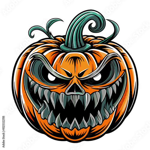 Scary Pumpkin Jack-o'-Lantern: A menacing Halloween pumpkin with a wicked grin and sharp teeth, ready to scare trick-or-treaters. Its glowing eyes and twisted stem add to the spooky atmosphere.  