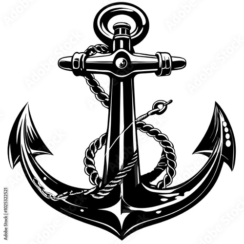 Nautical Anchor: A classic maritime symbol of stability and strength, this detailed black and white illustration of a ship's anchor with rope is perfect for nautical themes, branding.