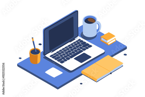 Cozy Workspace: Isometric Illustration of a Laptop, Coffee, Books, and Stationery on a Desk 