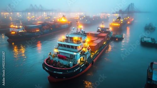 Cargo ship navigating through foggy waters at a bustling port. photo