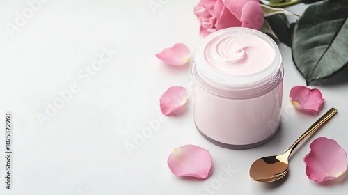 Cosmetic cream jar with rose petals and a golden spoon on a white background.