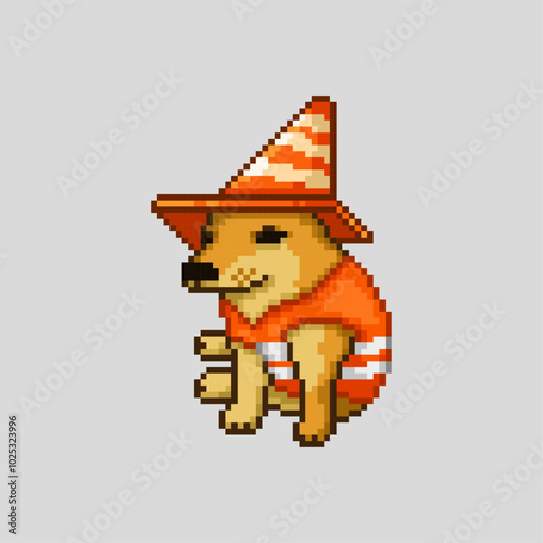 Dog with traffic cone, pixel art meme