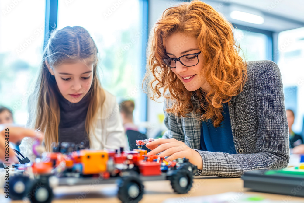 Fototapeta premium A classroom filled with eager students engaging in hands-on learning experiences that encourage creativity, critical thinking, and problem-solving skills essential for driving innovation in the future