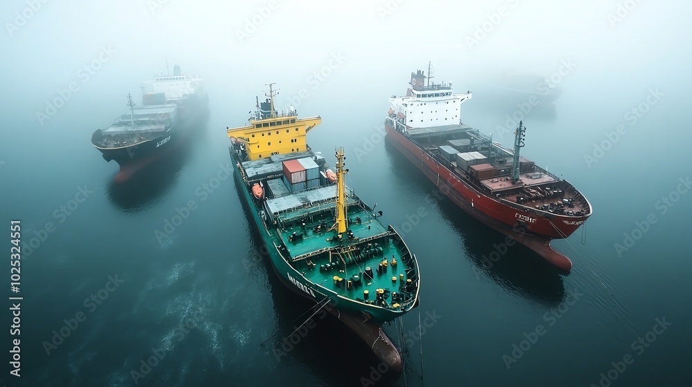 Foggy harbor scene with multiple cargo ships at sea. Foggy harbor scene with multiple cargo ships at sea.