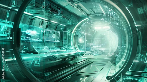 Ultra-sharp image of a futuristic work pod, holographic controls, glass walls, photo