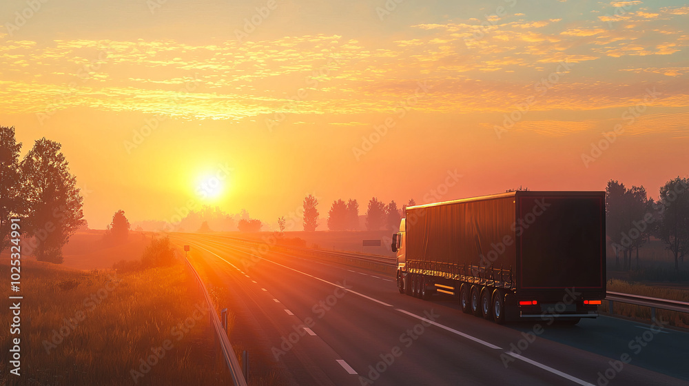 A large transportation truck traveling along a highway through the countryside at sunset.
A large transportation truck traveling along a highway through the countryside at sunset.
