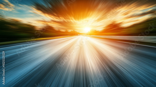 Light trails from cars on an asphalt road during sunset, with clouds and the sun visible. A dynamic transport-themed background showcasing motion and blur through long exposure photography.