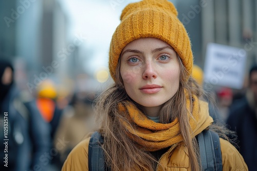 Portrait of Young Woman in Yellow Knit Hat Amidst Urban Winter Crowd