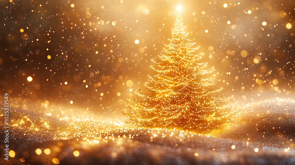 Naklejka premium Elegant Christmas Tree Shining With Golden Lights