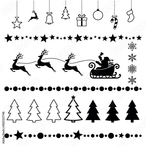 Christmas symbol collection, black silhouettes, Christmas tree, reindeer, ornaments, snowflake, winter season vector design elements