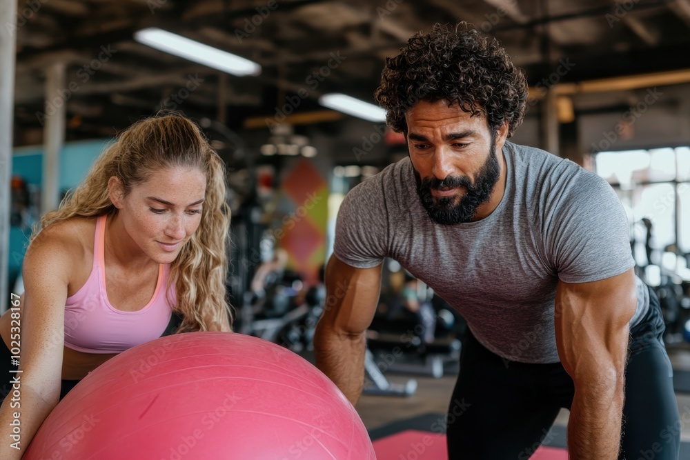 A duo is engaging in balance and stability exercises using a large exercise ball, emphasizing team effort and coordination in a lively gym environment. A duo is engaging in balance and stability exercises using a large exercise ball, emphasizing team effort and coordination in a lively gym environment.
