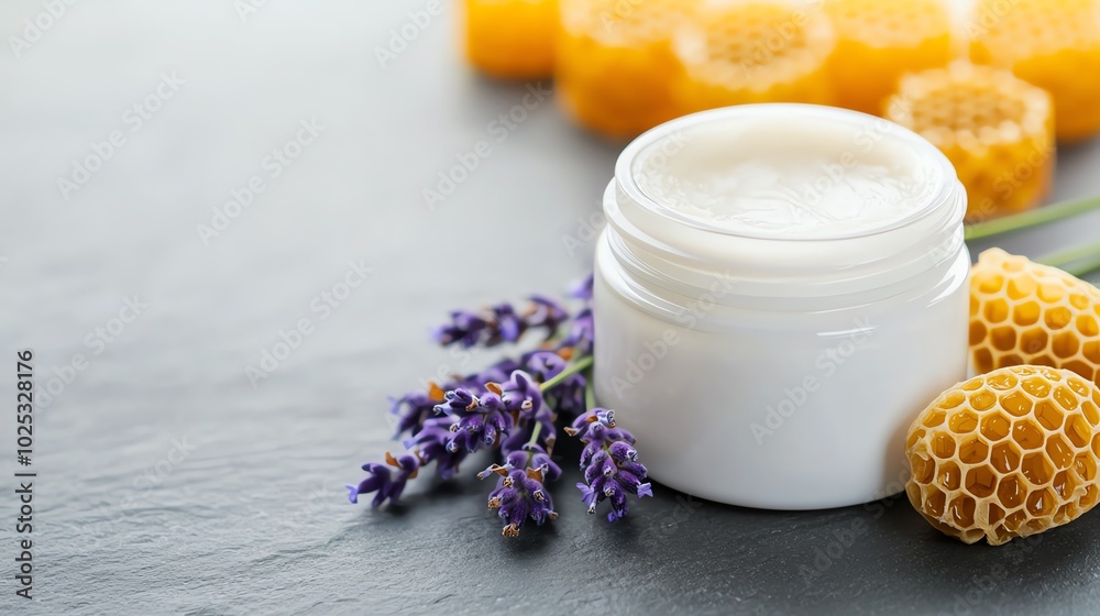 Natural cream with lavender and honeycomb on a slate background. Natural cream with lavender and honeycomb on a slate background.