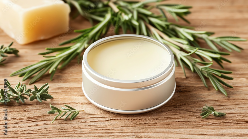 Natural herbal balm in a tin with rosemary on a wooden surface.