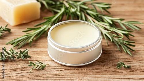 Natural herbal balm in a tin with rosemary on a wooden surface.