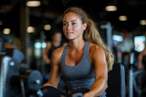 A young, fit woman exercises on a rowing machine in a gym, showcasing commitment, vitality, and focus in her fitness journey, surrounded by modern equipment.