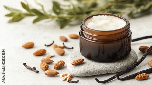 Natural skincare cream in amber jar with almond and vanilla nearby, white background.