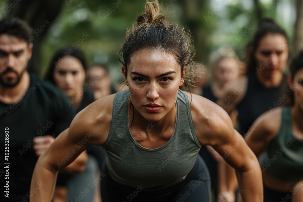 A determined woman leads a diverse fitness group in an outdoor setting, exuding strength and motivation with intense focus during their workout session. A determined woman leads a diverse fitness group in an outdoor setting, exuding strength and motivation with intense focus during their workout session.