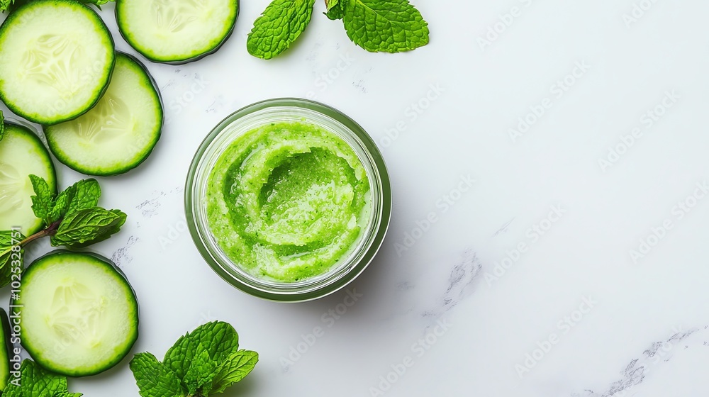 Organic cucumber and mint face mask in a jar with cucumber slices on marble surface. Organic cucumber and mint face mask in a jar with cucumber slices on marble surface.