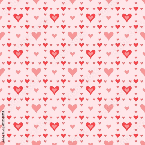 seamless pattern with pink and red hearts with ornaments. Valentine’s Day 