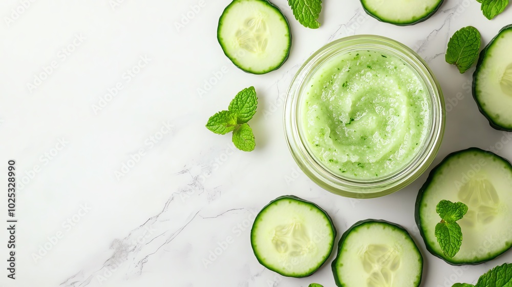 Refreshing cucumber scrub in a jar, surrounded by cucumber slices and mint leaves. Refreshing cucumber scrub in a jar, surrounded by cucumber slices and mint leaves.