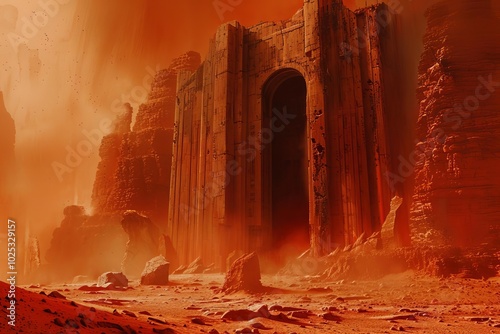 Martian ruins ancient alien architecture red dust eerie and desolate Martian landscape