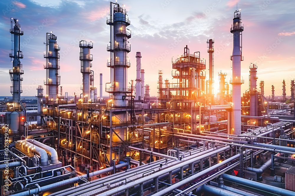 Evening view of a large oil refinery with tall pipes and towers processing energy resources Evening view of a large oil refinery with tall pipes and towers processing energy resources