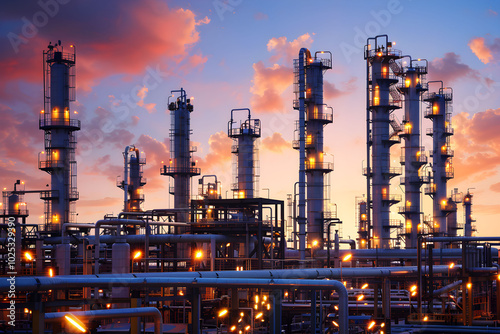 Evening view of an oil refinery with tall pipes and towers processing energy resources