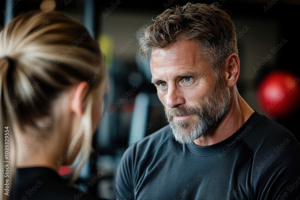 A man engages attentively with a woman during a conversation in the gym, highlighting communication and interaction within a fitness environment as they share insights. A man engages attentively with a woman during a conversation in the gym, highlighting communication and interaction within a fitness environment as they share insights.
