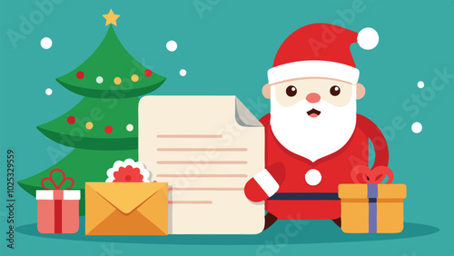 Santa Claus with a colorful envelope smiling cheerfully against a bright blue background, inviting holiday spirit and joy during the festive season