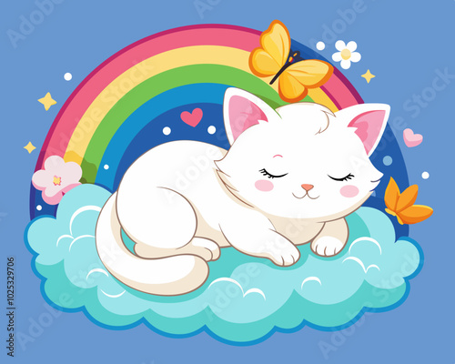 A white kitten curled up sleeping on a fluffy cloud, with a colorful rainbow and butterflies realistic high-resolution smooth vector illustration design on a white background
