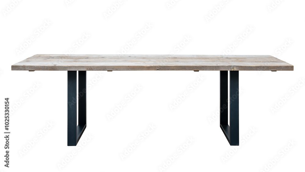 Side view of table with recycled wood top on grey metal legs. White background isolated Side view of table with recycled wood top on grey metal legs. White background isolated
