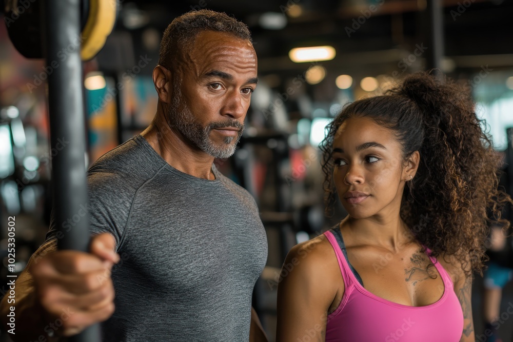 Two fitness coaches, a man and a woman, exchange insights at a gym, symbolizing mentorship, collaboration, and a shared passion for health and fitness. Two fitness coaches, a man and a woman, exchange insights at a gym, symbolizing mentorship, collaboration, and a shared passion for health and fitness.
