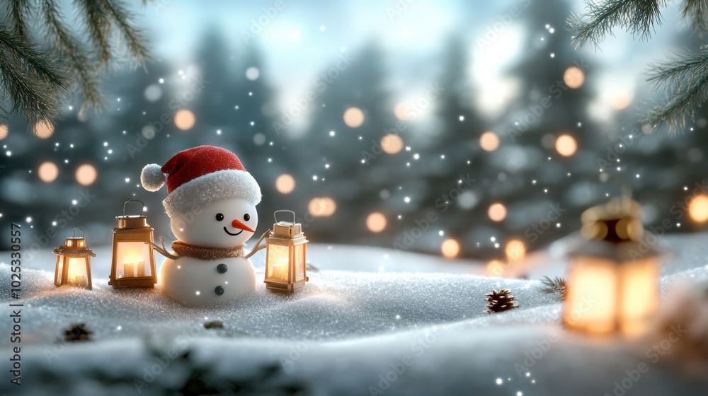 Obraz premium cheerful snowman wearing red Santa hat stands amidst snowy landscape, surrounded by glowing lanterns and softly falling snowflakes, creating magical winter scene