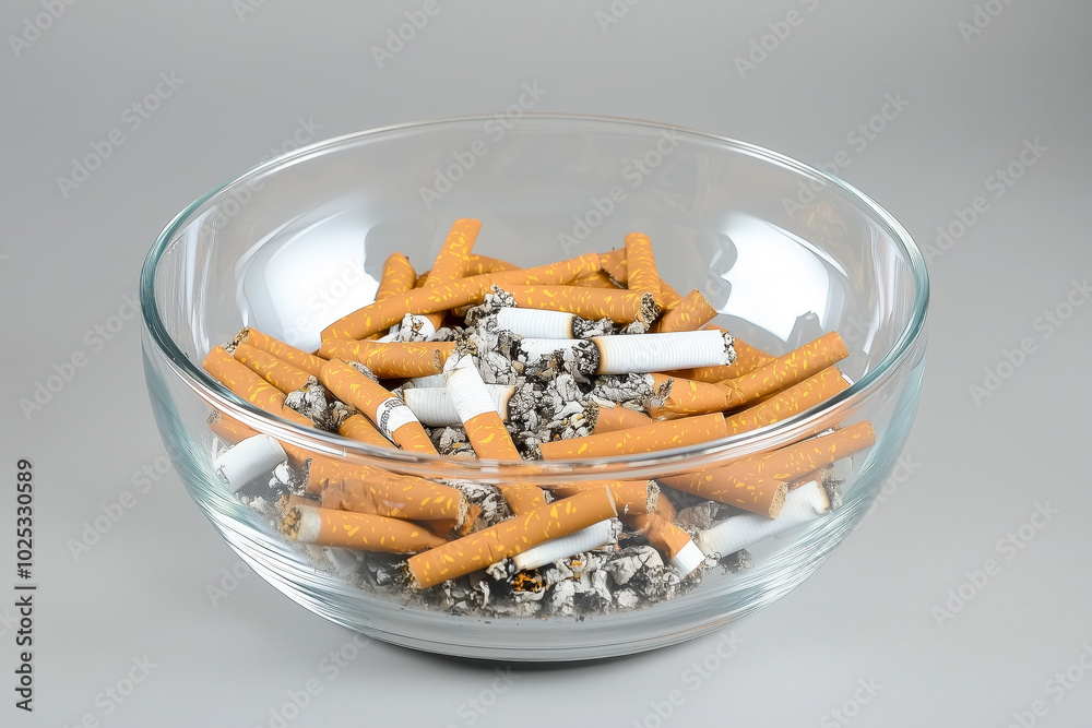 A glass bowl filled with cigarette butts and ashes, often used for waste disposal or decoration A glass bowl filled with cigarette butts and ashes, often used for waste disposal or decoration