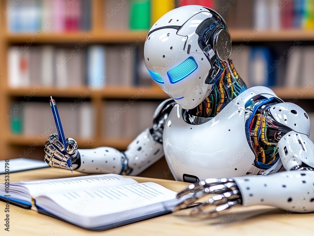 A humanoid robot writing in a notebook, surrounded by books in a library setting, showcasing advanced AI and technology integration. A humanoid robot writing in a notebook, surrounded by books in a library setting, showcasing advanced AI and technology integration.