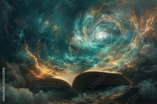 Swirling vortex emerging from open book dreamlike setting ethereal clouds otherworldly feel