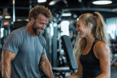 A cheerful man and woman share a laugh while working out in a lively gym atmosphere, emphasizing camaraderie and joy in achieving fitness goals.