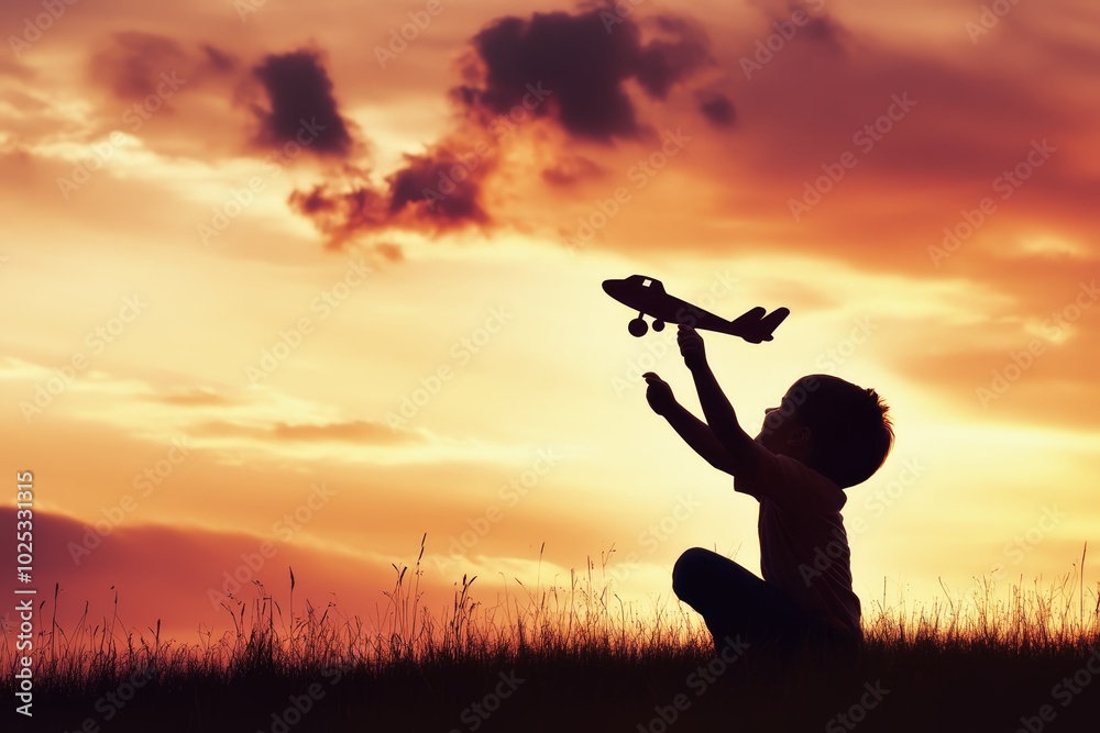 A Child Playing with a Toy Airplane in a Field at Sunset A Child Playing with a Toy Airplane in a Field at Sunset