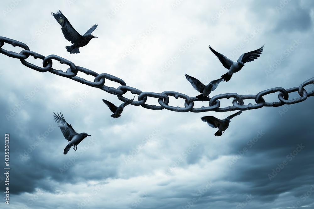 A chain and birds representing the conflict of freedom and constraints. A chain and birds representing the conflict of freedom and constraints.