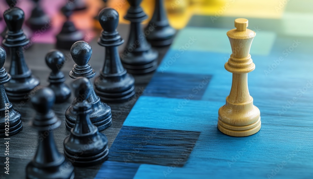 Chess board with black and white pieces symbolizing strategy, competition, and leadership in a colorful, dynamic setting. Chess board with black and white pieces symbolizing strategy, competition, and leadership in a colorful, dynamic setting.