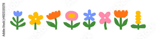 Abstract colorful flower drawing illustration set. Funny children art style floral doodle cartoon collection, hand drawn basic nature shapes on isolated background.