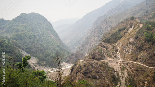 The landscape on the Annapurna Circuit trekking route in Nepal