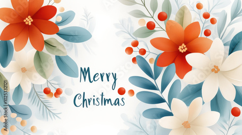 Merry Christmas surrounded by beautiful floral elements, featuring vibrant red and white flowers along with green leaves, creating festive and cheerful atmosphere