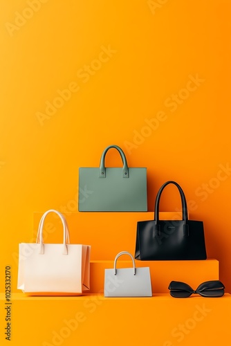 Colorful handbags beautifully arranged against a vibrant orange background, showcasing modern style and fashion elegance.