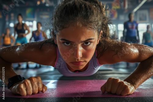 A focused young girl holds a determined expression as she performs a push-up in a fitness class, showcasing strength and dedication in group physical activity. photo