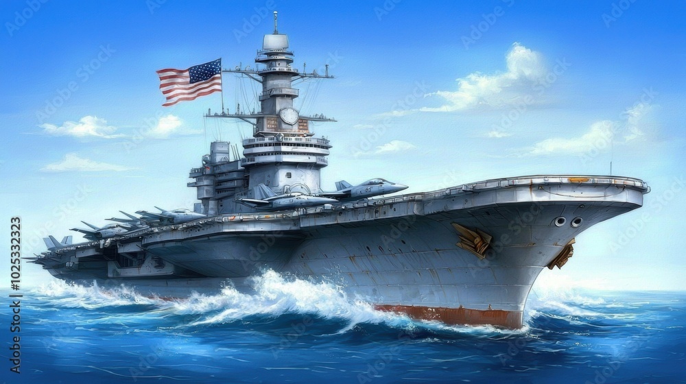 Aircraft Carrier Sailing on Calm Ocean with Sky Background Aircraft Carrier Sailing on Calm Ocean with Sky Background